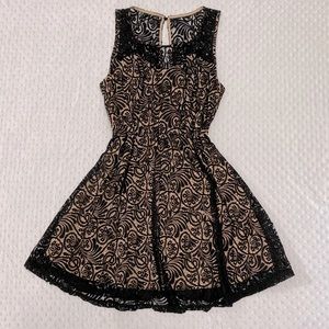 Forever 21 Black Lace Overlay Tan Fit-and-Flare Dress